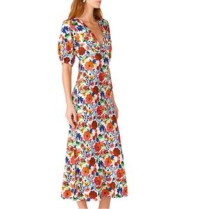Rixo London Steph Crepe Midi Dress in Bright Floral Print Size Medium